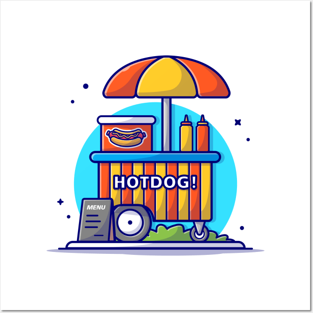 Hotdog Stand Fast Food Street Shop with Hot Dog, Sauce and Mustard Cartoon Vector Icon Illustration (2) Wall Art by Catalyst Labs